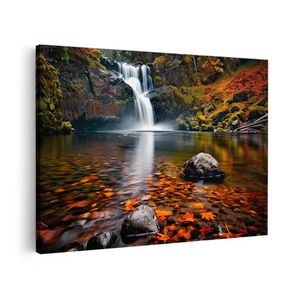 Canvas schilderij vooraanzicht Waterval Omgeven door Herfstbladeren