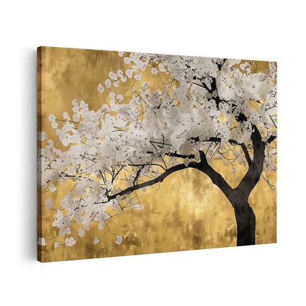 Canvas schilderij vooraanzicht Boom met Witte Bloemen tegen een Gouden Achtergrond