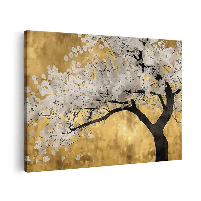 Canvas schilderij vooraanzicht Boom met Witte Bloemen tegen een Gouden Achtergrond
