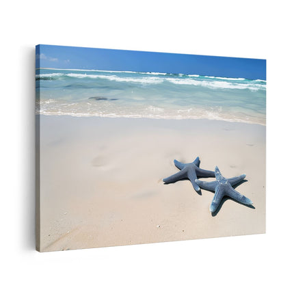 Canvas schilderij vooraanzicht Twee Zeester op een Strand