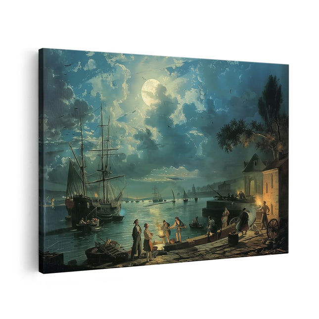 Canvas schilderij vooraanzicht Kunstwerk van Mensen op een Boot bij Nacht