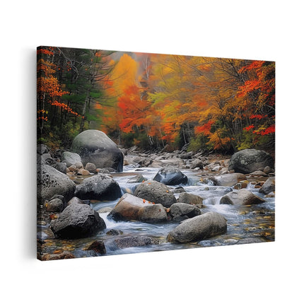 Canvas schilderij vooraanzicht Stroom Omringd door Bomen en Rotsen