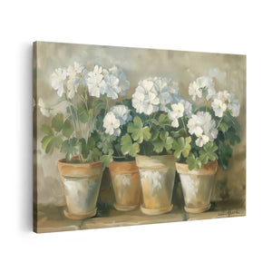 Canvas schilderij vooraanzicht Witte Geraniums in Potten