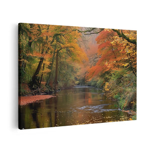 Canvas schilderij vooraanzicht Rivier Omgeven door Bomen in de Herfst