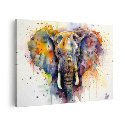 Canvas schilderij vooraanzicht Olifant met Kleurrijke Verfspatten