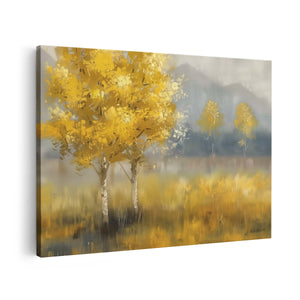 Canvas schilderij vooraanzicht Kunstwerk van een Gele Boom in een Veld