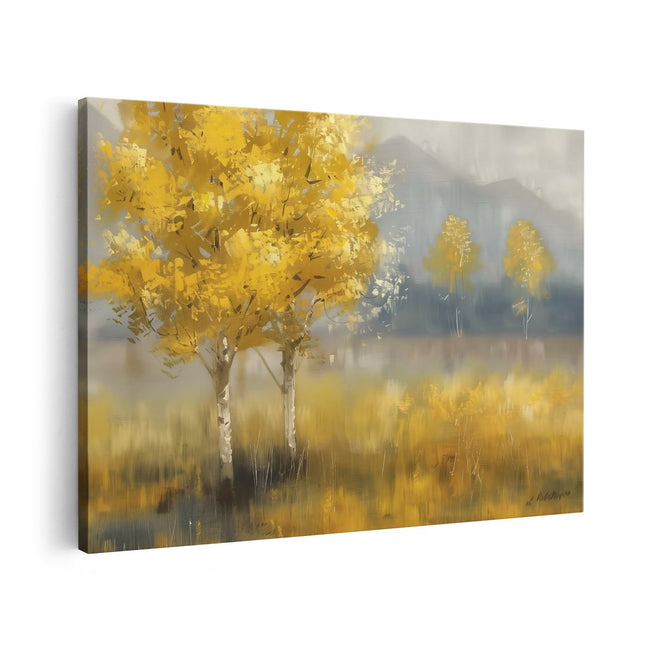 Canvas schilderij vooraanzicht Kunstwerk van een Gele Boom in een Veld
