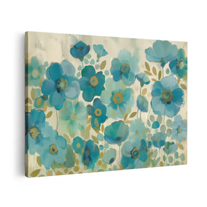 Canvas schilderij vooraanzicht Blauwe Bloemen op een Beige Achtergrond