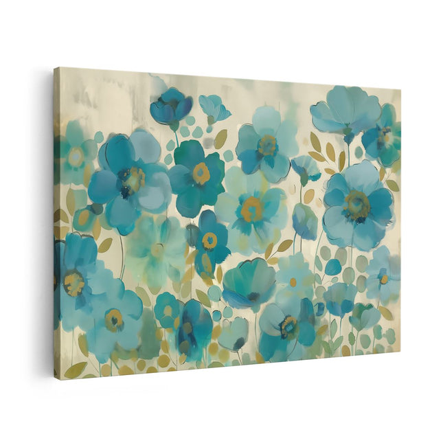 Canvas schilderij vooraanzicht Blauwe Bloemen op een Beige Achtergrond