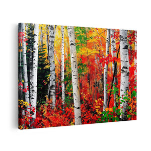 Canvas schilderij vooraanzicht Kleurrijke Berkenbomen in de Herfst