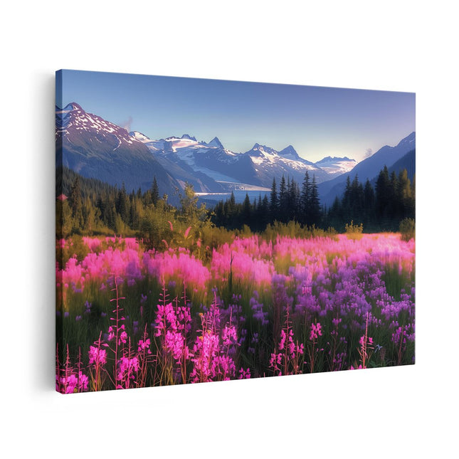 Canvas schilderij vooraanzicht Roze Bloemen in een Veld