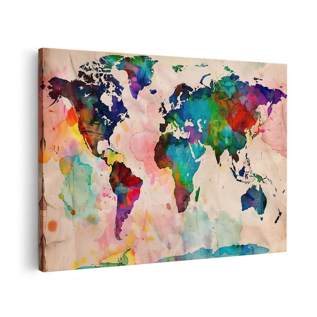 Canvas schilderij vooraanzicht Aquarel Wereldkaart op een Stuk Papier