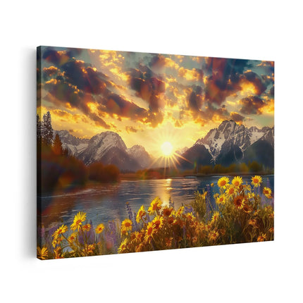 Canvas schilderij vooraanzicht De Zon gaat onder over de Bergen en Bloemen