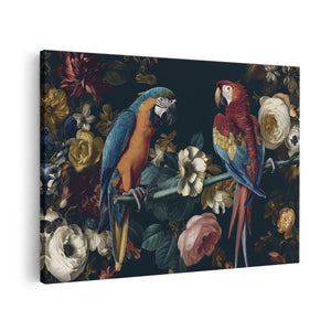Canvas schilderij vooraanzicht Twee Papegaaien op een Tak met Bloemen