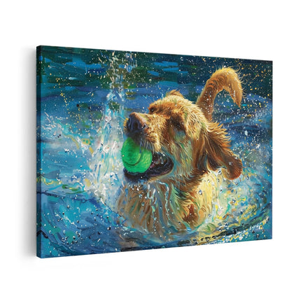 Canvas schilderij vooraanzicht Hond speelt met een Bal in het Water