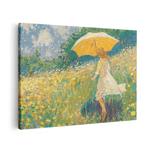 Canvas schilderij vooraanzicht Vrouw die met een Paraplu door een Veld met Madeliefjes loopt