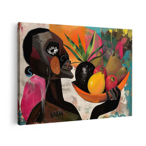 Canvas schilderij vooraanzicht Man met een Schaal Fruit