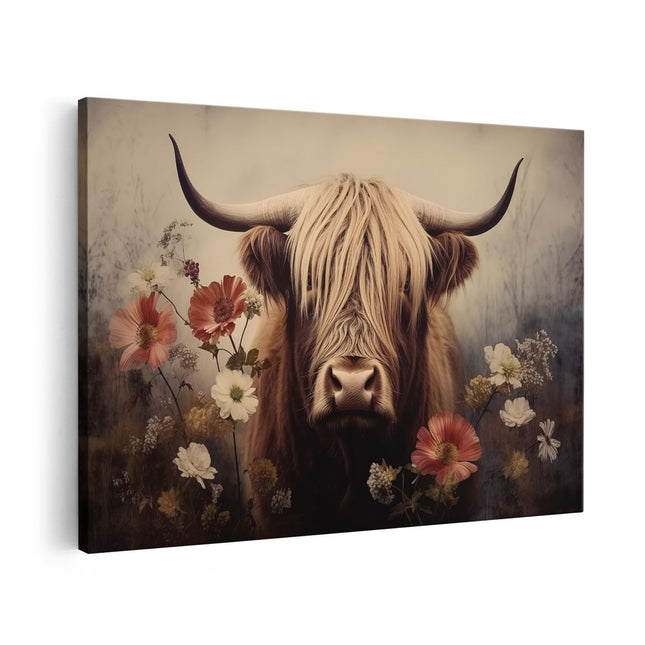 Canvas schilderij vooraanzicht Hooglandkoe in een Veld met Bloemen