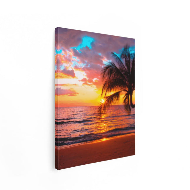 Canvas Schilderij Staand Tropisch Strand Tijdens Zonsondergang