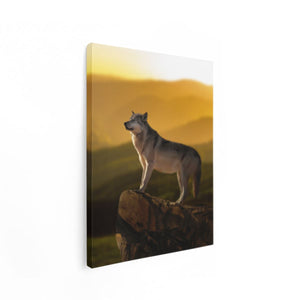 Canvas Schilderij Staand Wolf Op Een Rots Met Een Heuvel Landschap
