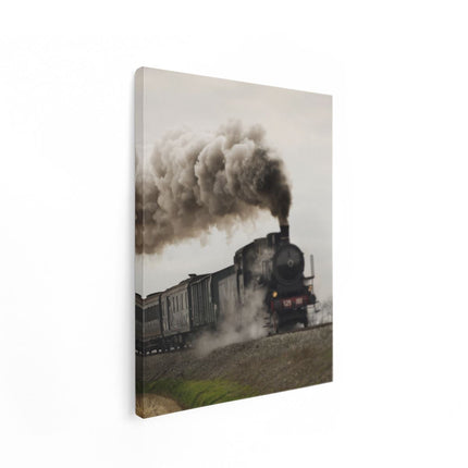 Canvas Schilderij Staand Locomotief Trein met Rook Wolken