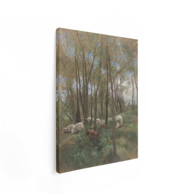 Canvas Schilderij Staand Schapenkudde in een Bos - Anton Mauve