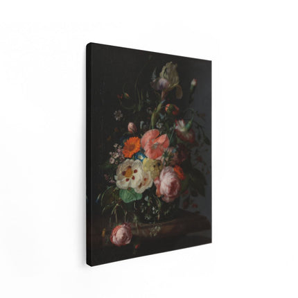 Canvas Schilderij Staand Stilleven met Bloemen op een Marmeren Tafelblad - Rachel Ruysch