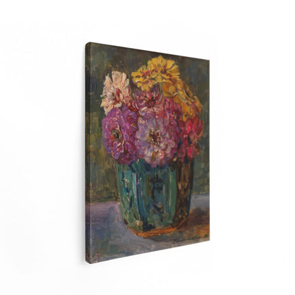 Canvas Schilderij Staand Stilleven met Zinnia’s in een Gemberpot - Floris Verster