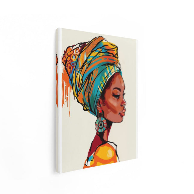 Canvas Schilderij Staand Afrikaanse Vrouw in een Kleurrijke Tulband