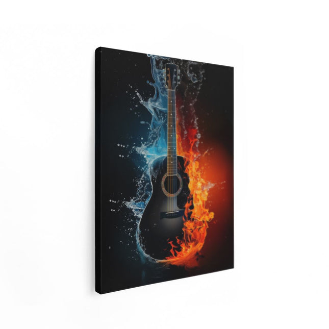 Canvas Schilderij Staand Akoestische Gitaar met Water en Vuur
