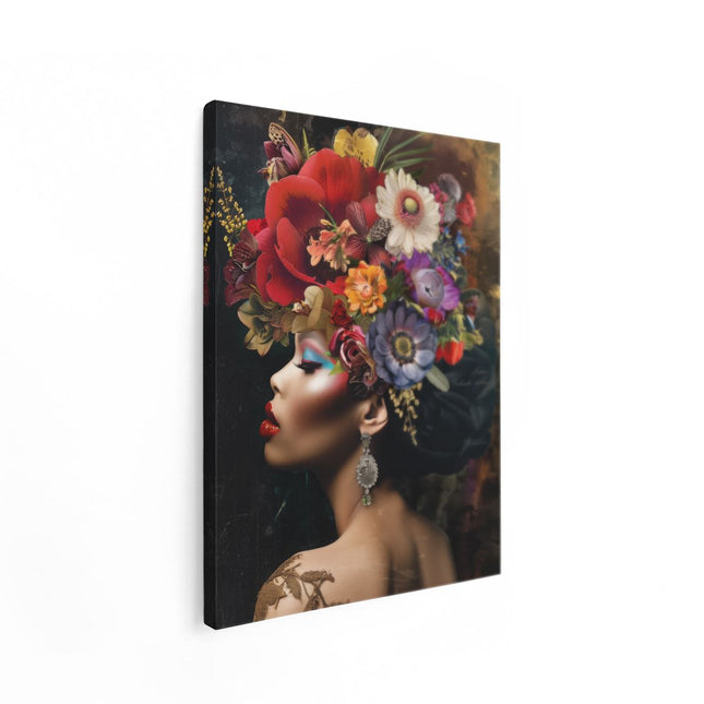 Canvas Schilderij Staand Vrouw met Bloemen op haar Hoofd
