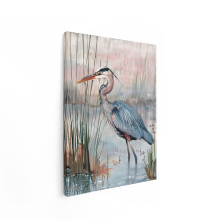 Canvas Schilderij Staand Kunstwerk van een Blauwe Reiger in het Moeras
