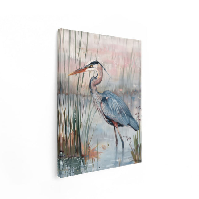 Canvas Schilderij Staand Kunstwerk van een Blauwe Reiger in het Moeras