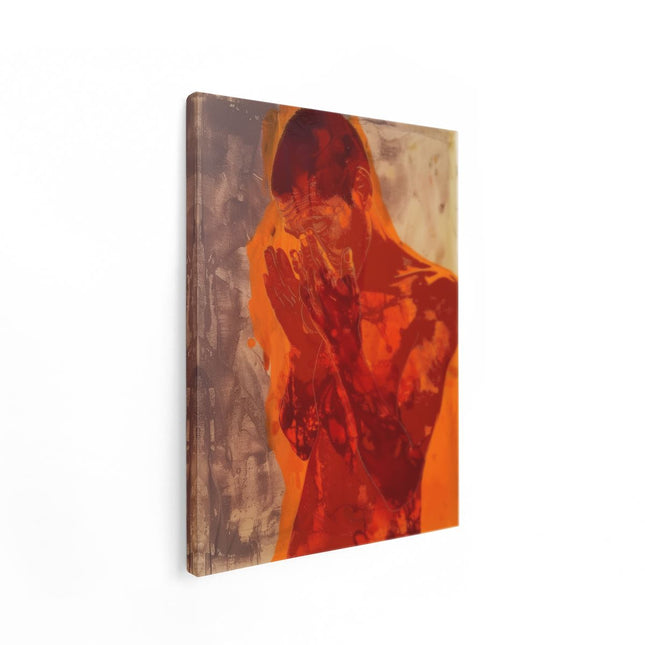 Canvas Schilderij Staand Kunstwerk van een Man met zijn Handen op zijn Gezicht