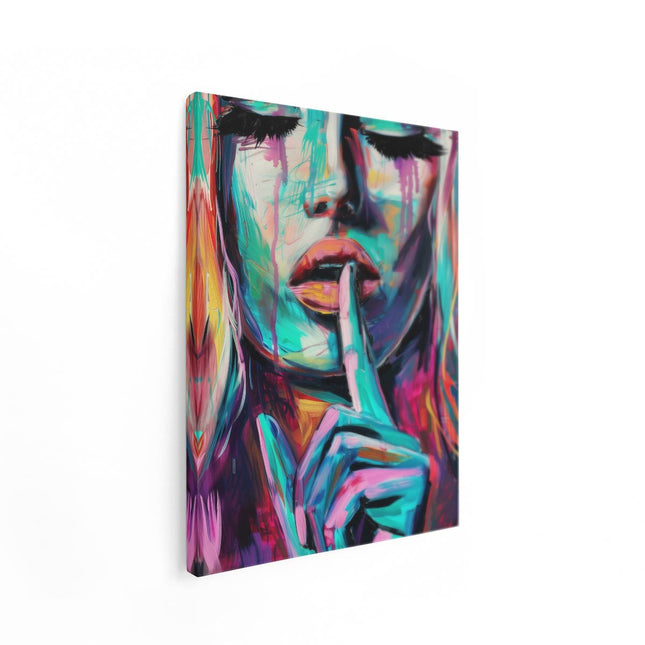 Canvas Schilderij Staand Kleurrijk Kunstwerk van een Vrouw met haar Vinger op haar Lippen