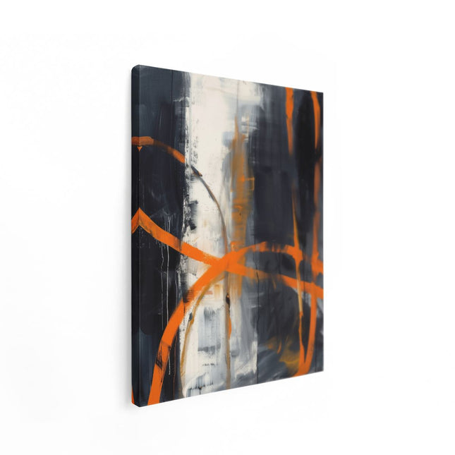 Canvas Schilderij Staand Abstract Kunstwerk met Oranje en Zwarte Lijnen