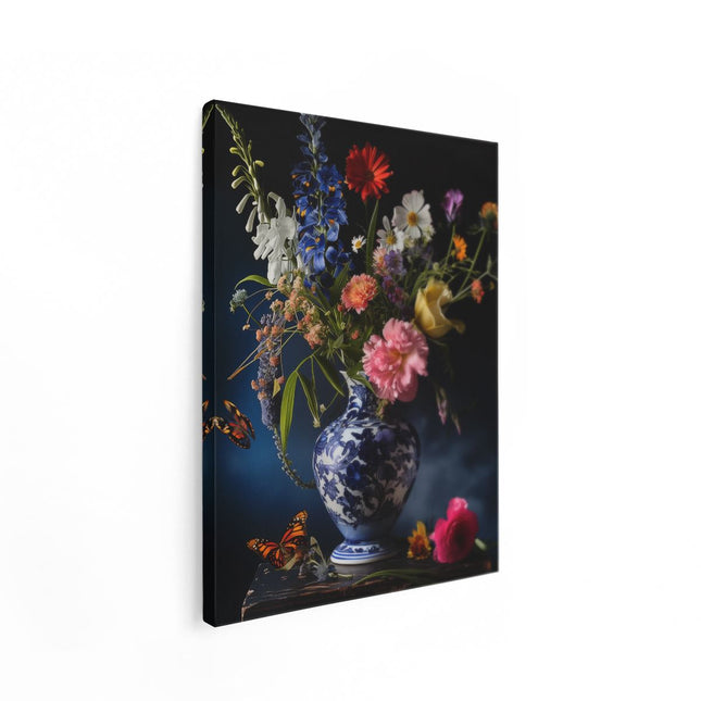 Canvas Schilderij Staand Vaas met Bloemen op een Tafel