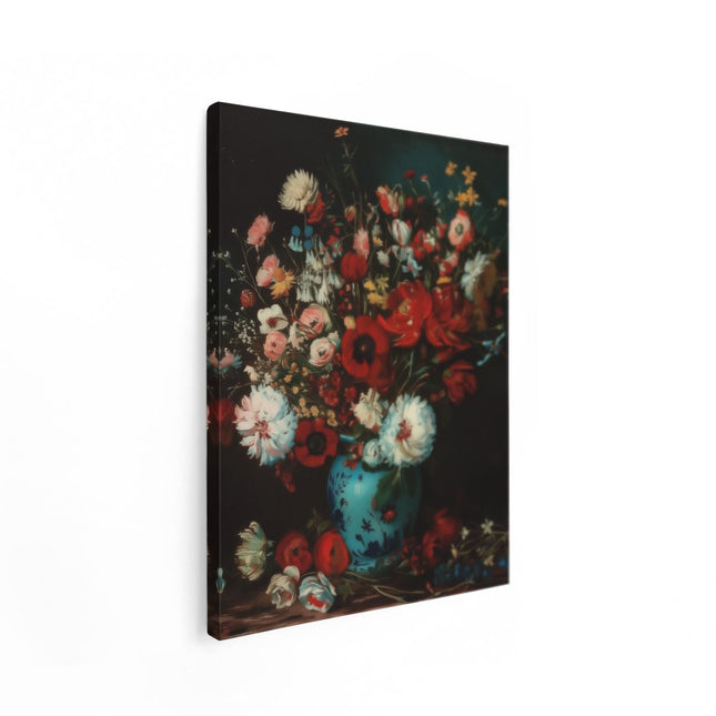 Canvas Schilderij Staand Kunstwerk van Bloemen in een Blauwe Vaas