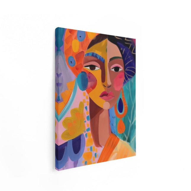 Canvas Schilderij Staand Kunstwerk van een Vrouw in een Kleurrijke Tulband