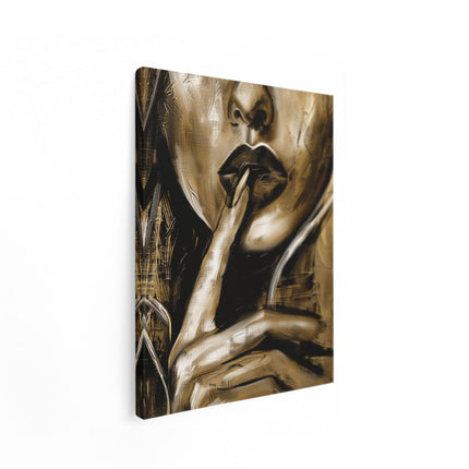 Canvas Schilderij Staand Vrouw met haar Vinger op haar Lippen