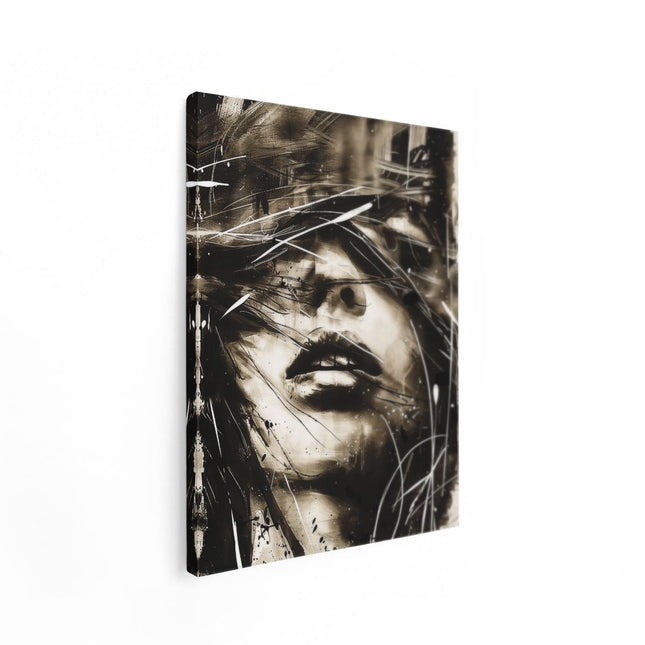 Canvas Schilderij Staand Zwart Wit Kunstwerk van het Gezicht van een Vrouw