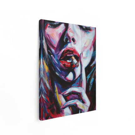 Canvas Schilderij Staand Kunstwerk van een Vrouw die een Sigaret Rookt