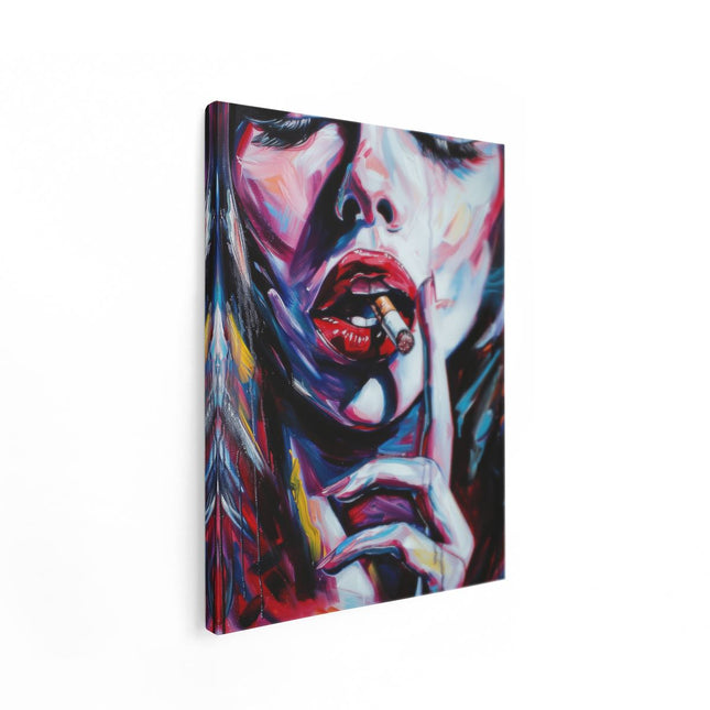 Canvas Schilderij Staand Kunstwerk van een Vrouw die een Sigaret Rookt