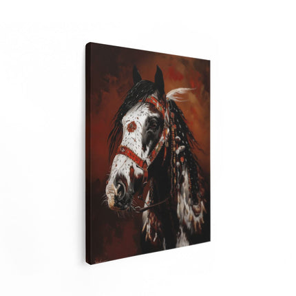 Canvas Schilderij Staand Paard met een Veren Hoofdtooi