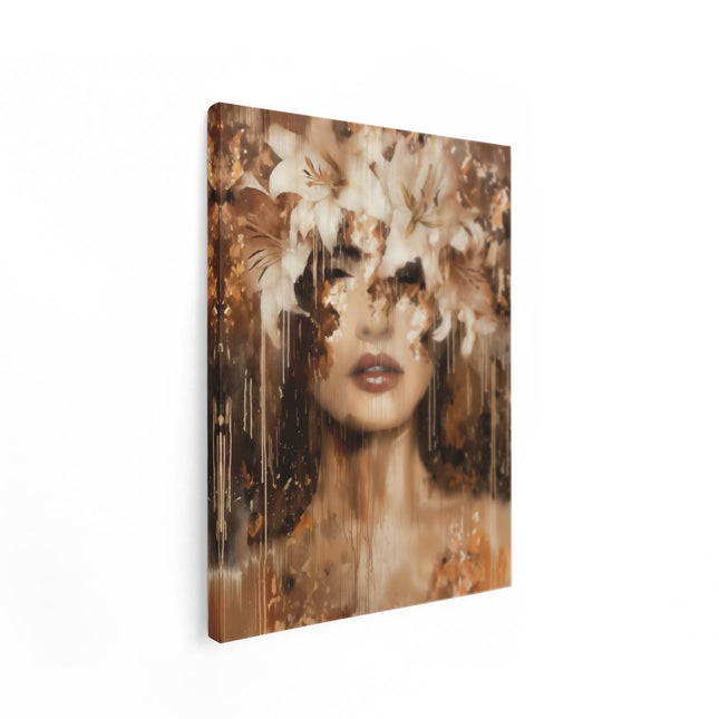Canvas Schilderij Staand Vrouw met Bloemen op haar Hoofd