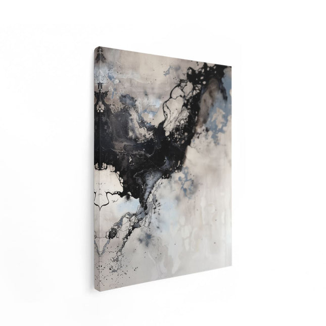 Canvas Schilderij Staand Abstract Kunstwerk met Zwarte en Witte Inktspatten