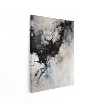 Canvas Schilderij Staand Abstract Kunstwerk met Zwarte en Witte Inktspatten