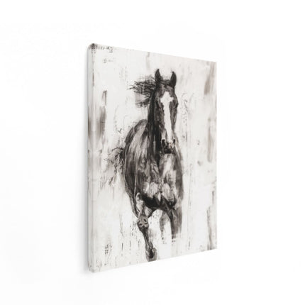 Canvas Schilderij Staand Zwart Wit Kunstwerk van een Rennend Paard