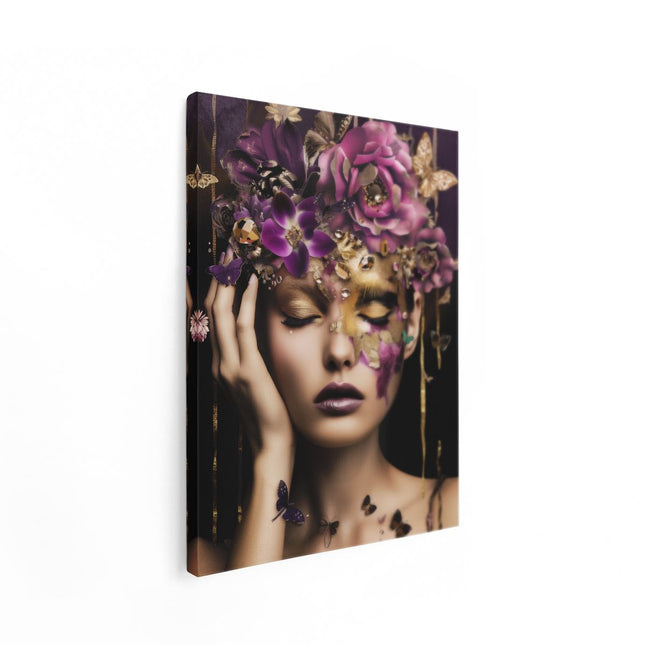 Canvas Schilderij Staand Vrouw met Bloemen op haar Hoofd