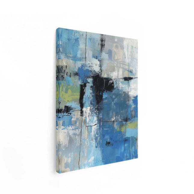 Canvas Schilderij Staand Abstract Kunstwerk met Blauwe, Grijze en Witte Kleuren